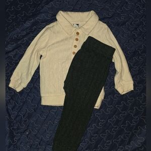 Cream Button-Up Sweater and Black Pants Set